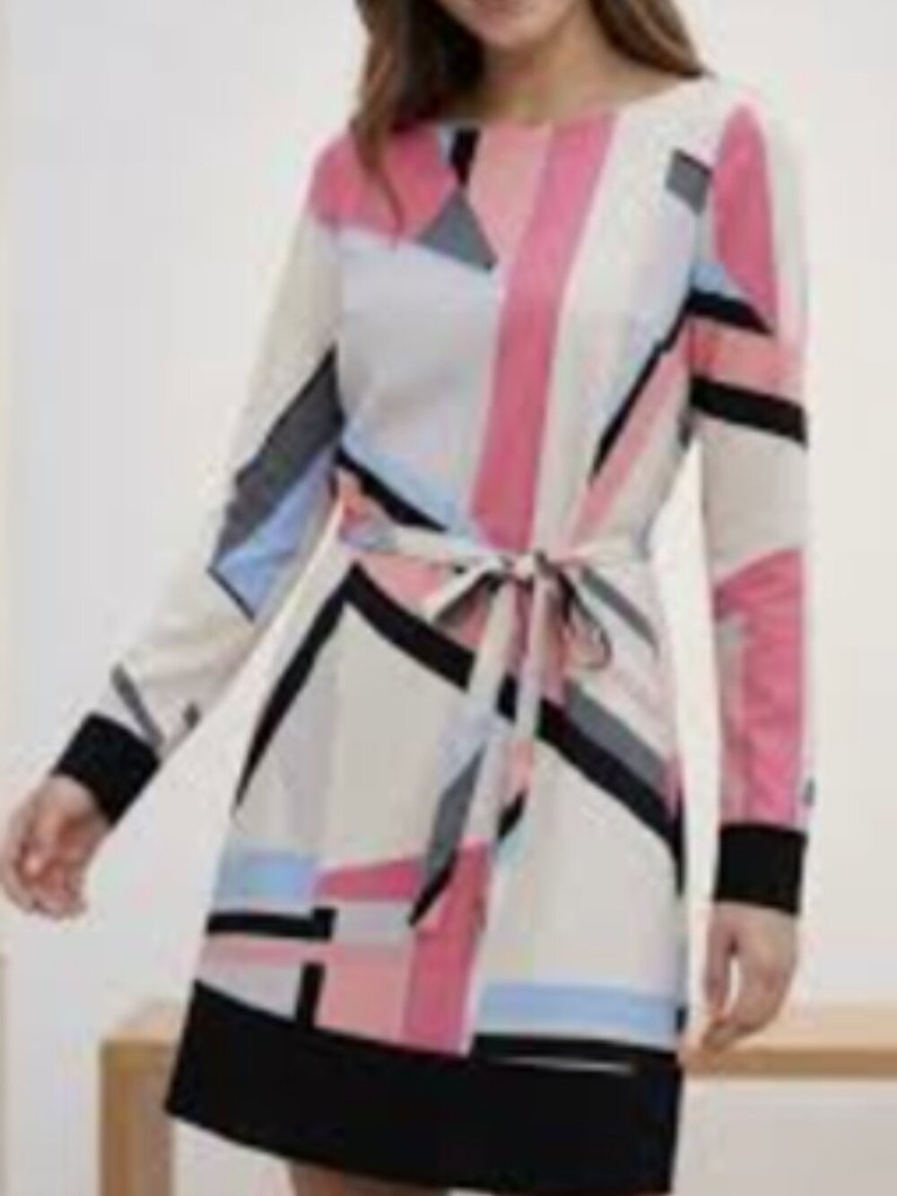 Armani Exchange Geometric Pattern Long Sleeve Belted Dress ( 0 )
